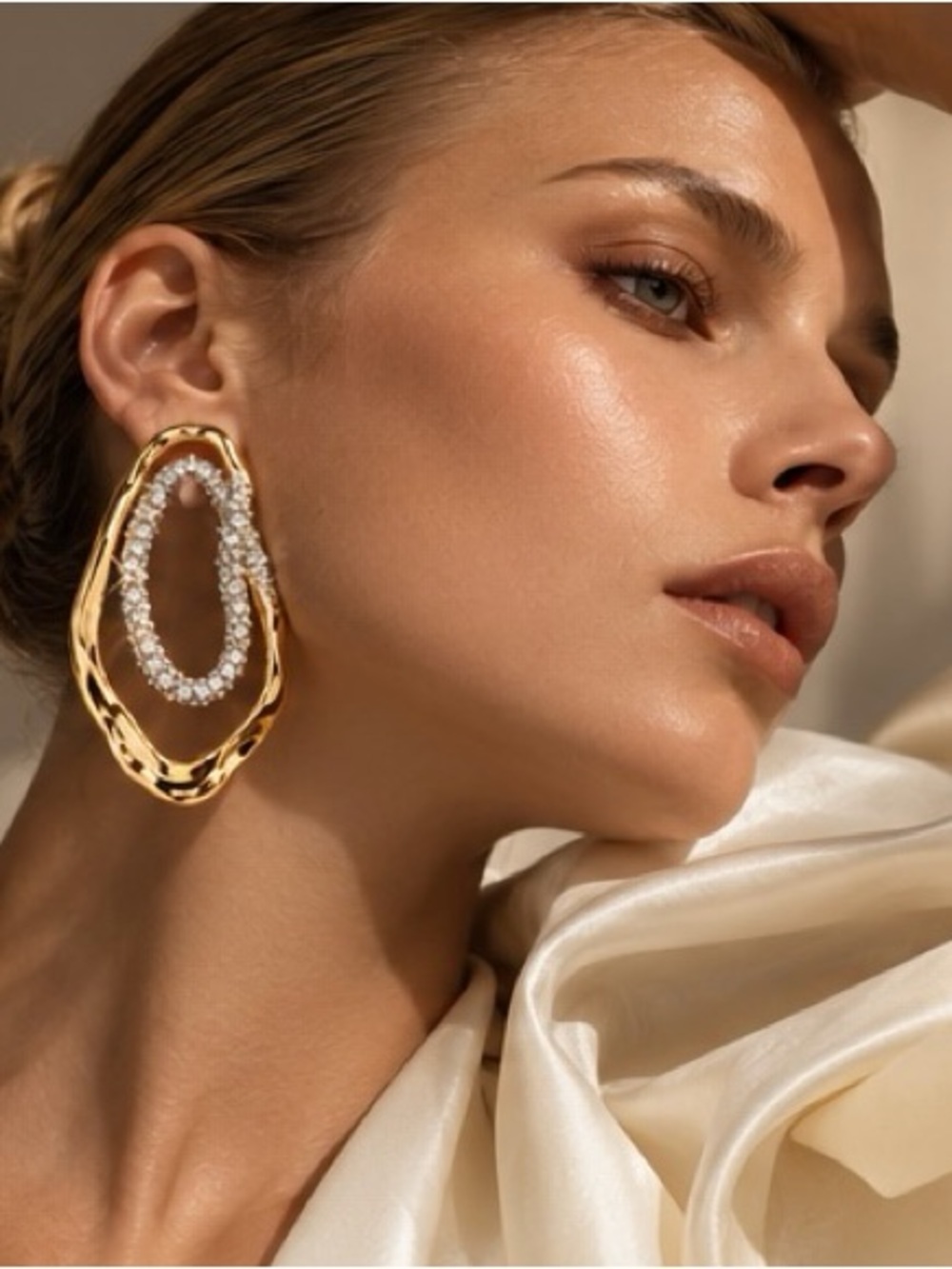 Sculptural Crystal Teardrop Earrings Gold Tone Geometric Statement Jewelry